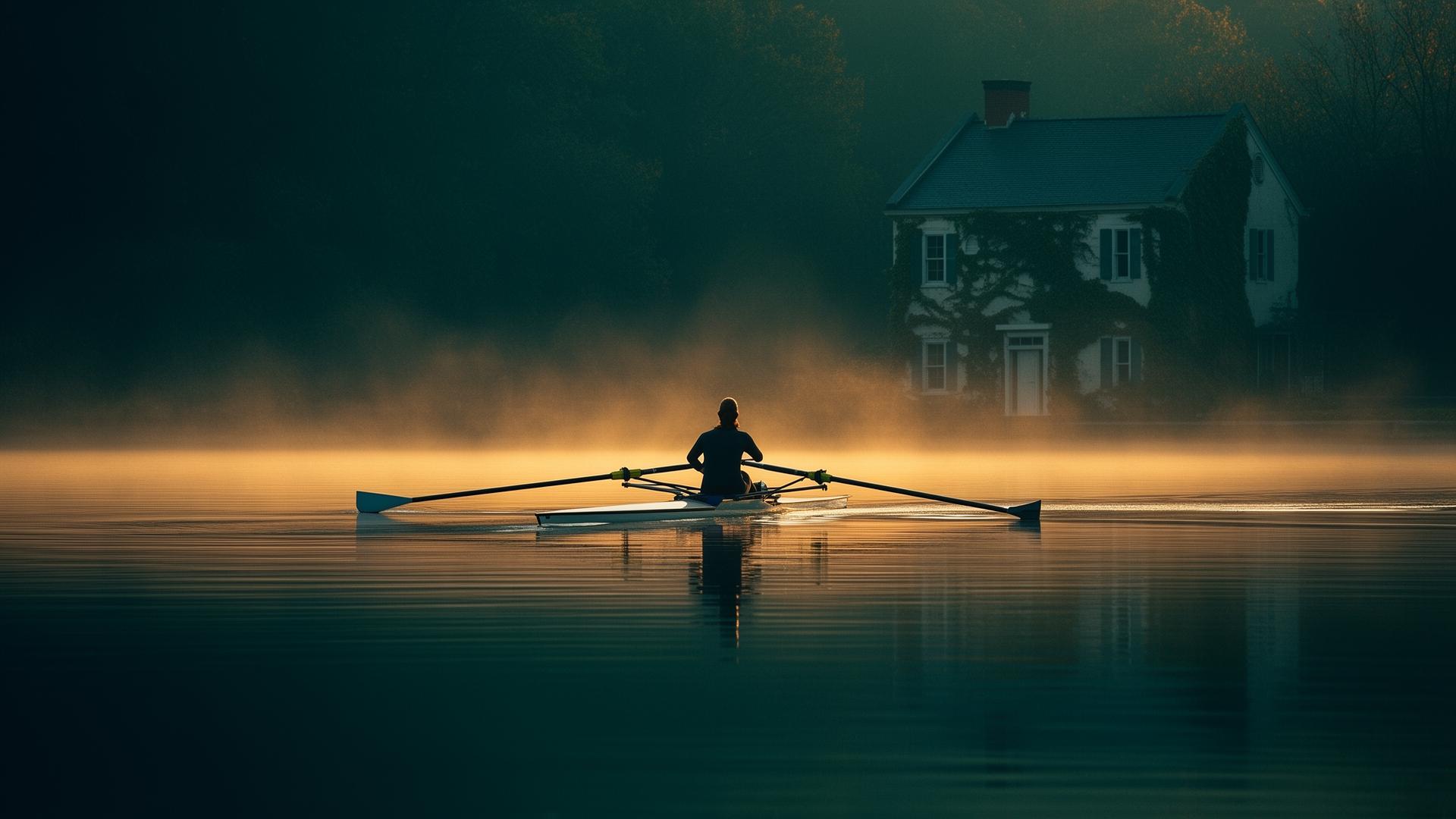 A single rowing shell at dawn