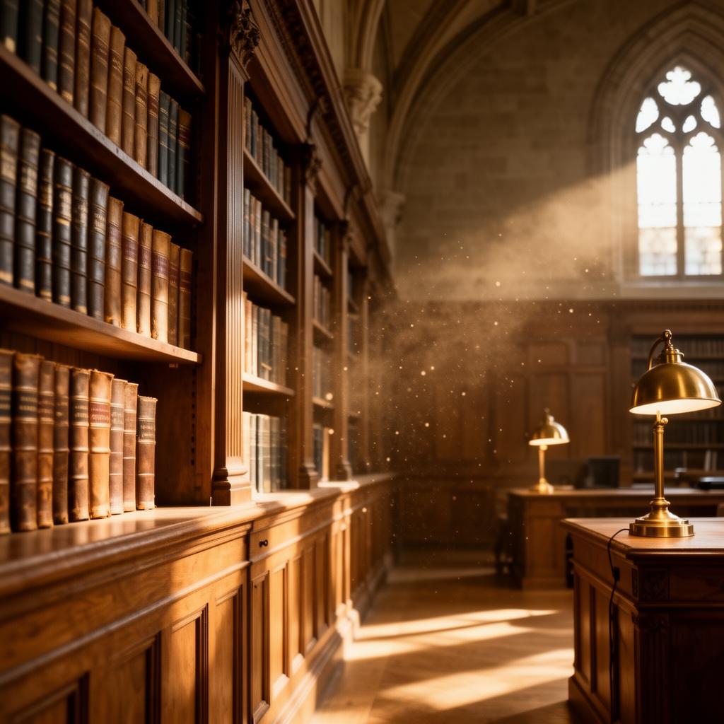 A sunlit university library with oak shelving and brass lamps